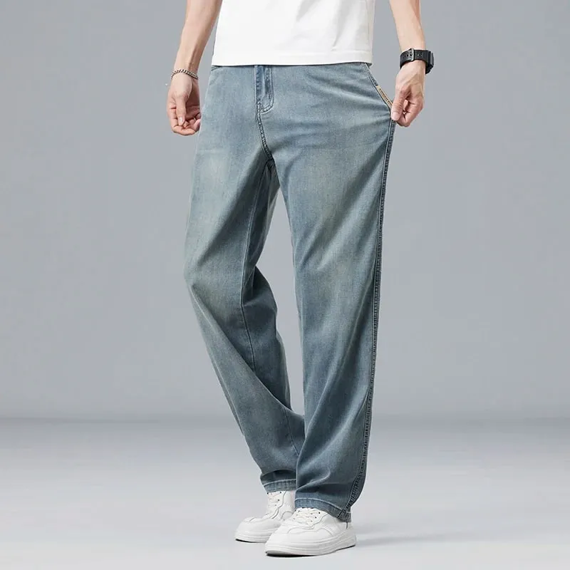 Summer Ultra-thin Lyocell Men's Jeans Drape Soft Fabric Loose Straight Casual Denim Pants Elastic Ice Silk Male Trousers — image 5