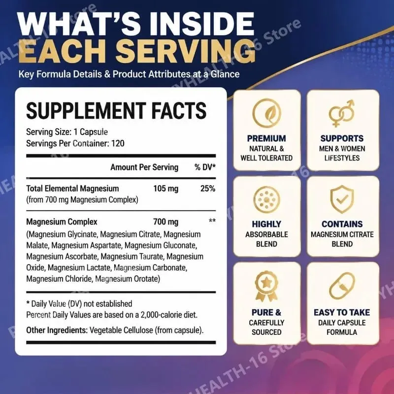 Magnesium Glycinate 12-in-1 Kompleks Tidur & Suasana Hati Mendukung Kesehatan Otot & Tulang Sitrat Malat Taurat 120 Kapsul Non-GMO