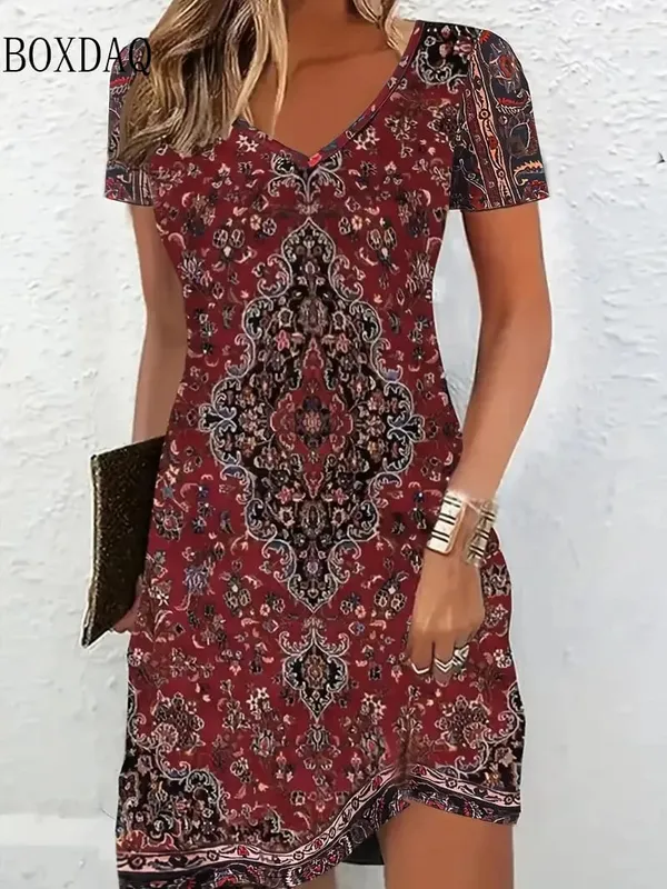 3D Vintage Women Flowers Printed Dresses Summer Plus Size Short Sleeve V-Neck Casual A-Line Knee-length Dress Loose Vestidos — image 3
