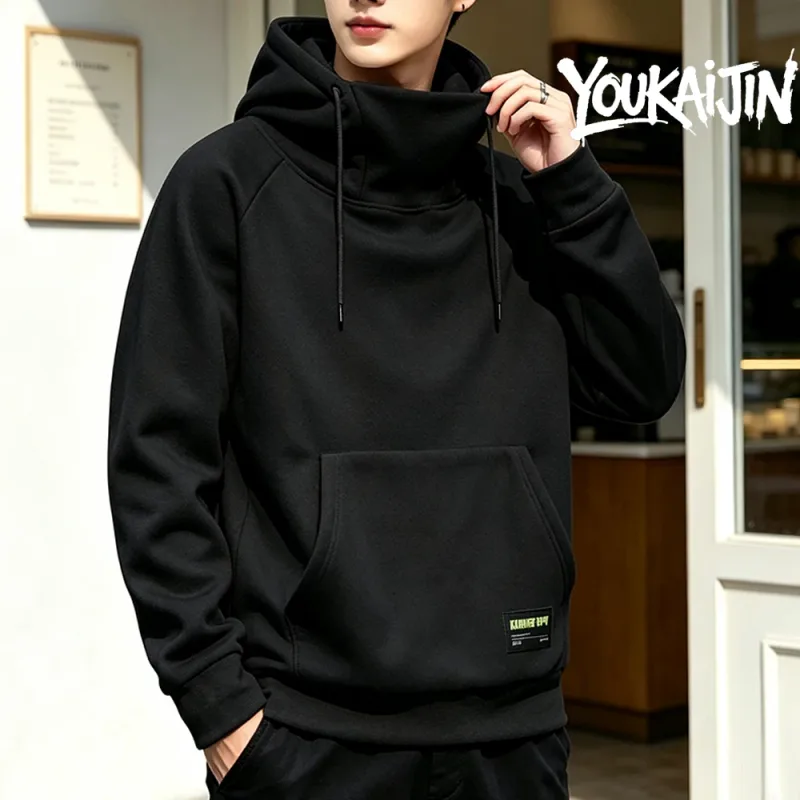 Men's Polar Fleece Sweatshirt Solid Color Street Style Autumn Winter Hood Sports Windproof Oversized High Collar Hoodie 5XL — image 1