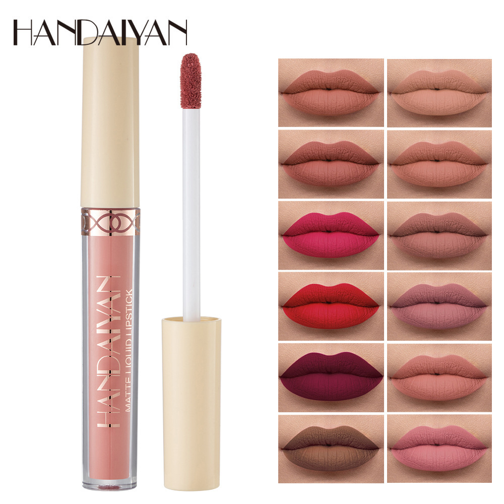 Handaiyan 12 Colors Matte Dark Purple Lip Gloss Longlasting Red Nude Nude Liquid Lipsticks Non-stick Cup Lip Tint Makeup Pigment — image 3