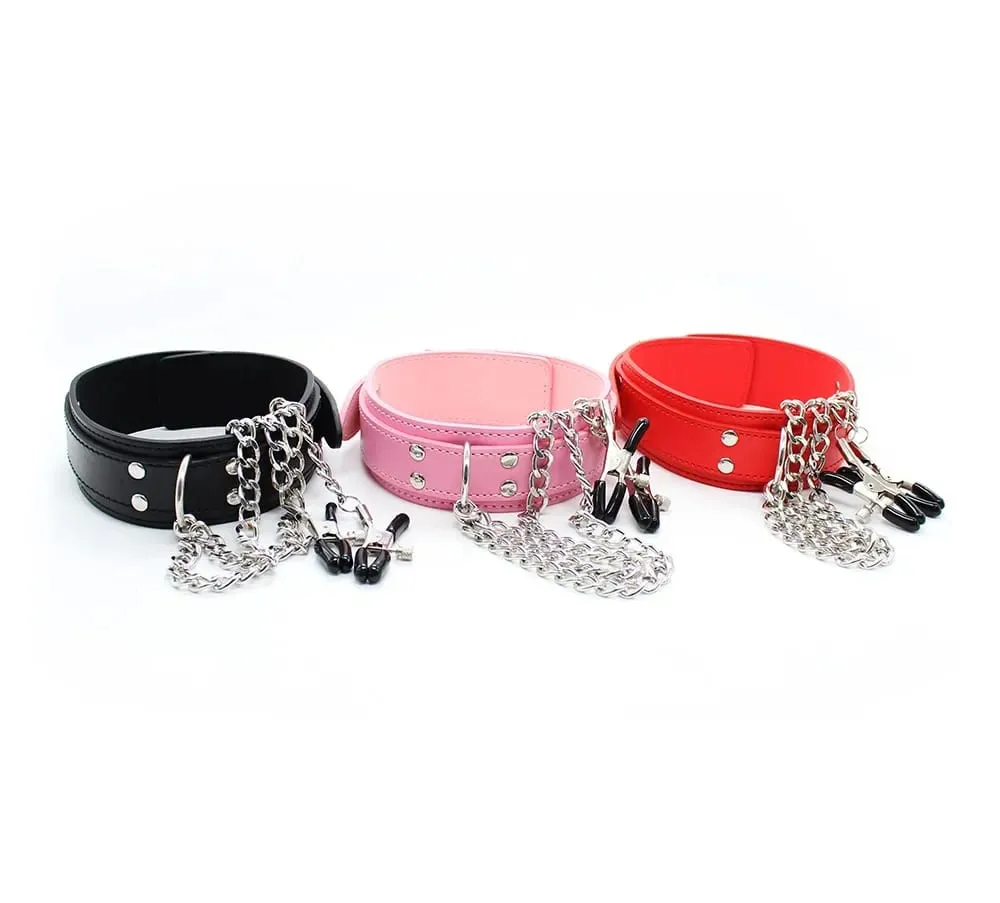 Sexy Leather Choker Collar With Nipple Clamp Breast Clip Chain SM Bondage Couple SM Sex Toys For Woman Erotic Tools Adult Games — image 2