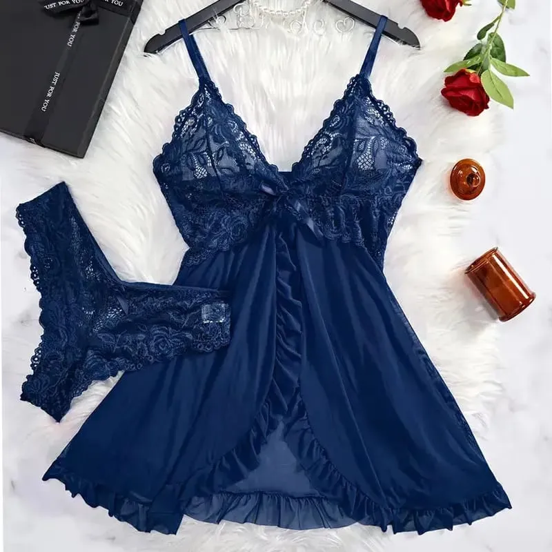 Women's Sexy Lingerie Dress Thin Style G-string Contrast Lace Ruffle Trim Lingerie Set Deep V Slip Thong Lencería Mujeres — image 1