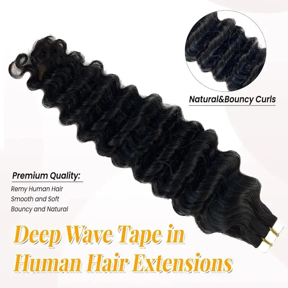 Deep Wave Tape In Extensions 100% Human Hair Deep Curly Tape on Hair Extensions Skin Weft Remy Natural Hair Extensions #1B — image 2