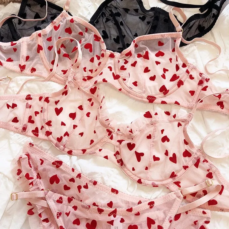 2 Pieces Lingerie Set Sexy Ultra Thin Breathable Brassiere for Women Push Up Bra Set Summer Mesh Romantic Peach Heart Intimates — image 3