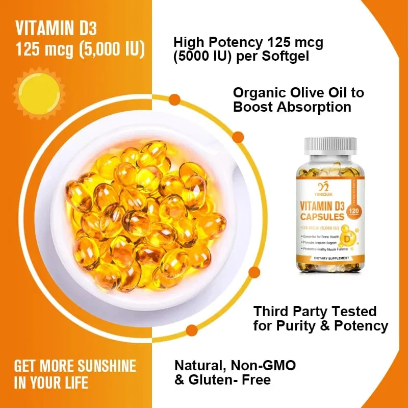 Vitamin D3 5000 IU 125 Mcg Vitamin D3 Capsules Healthy Muscle Function Helps Support Immune Health Strong Bones and Teeth — image 4