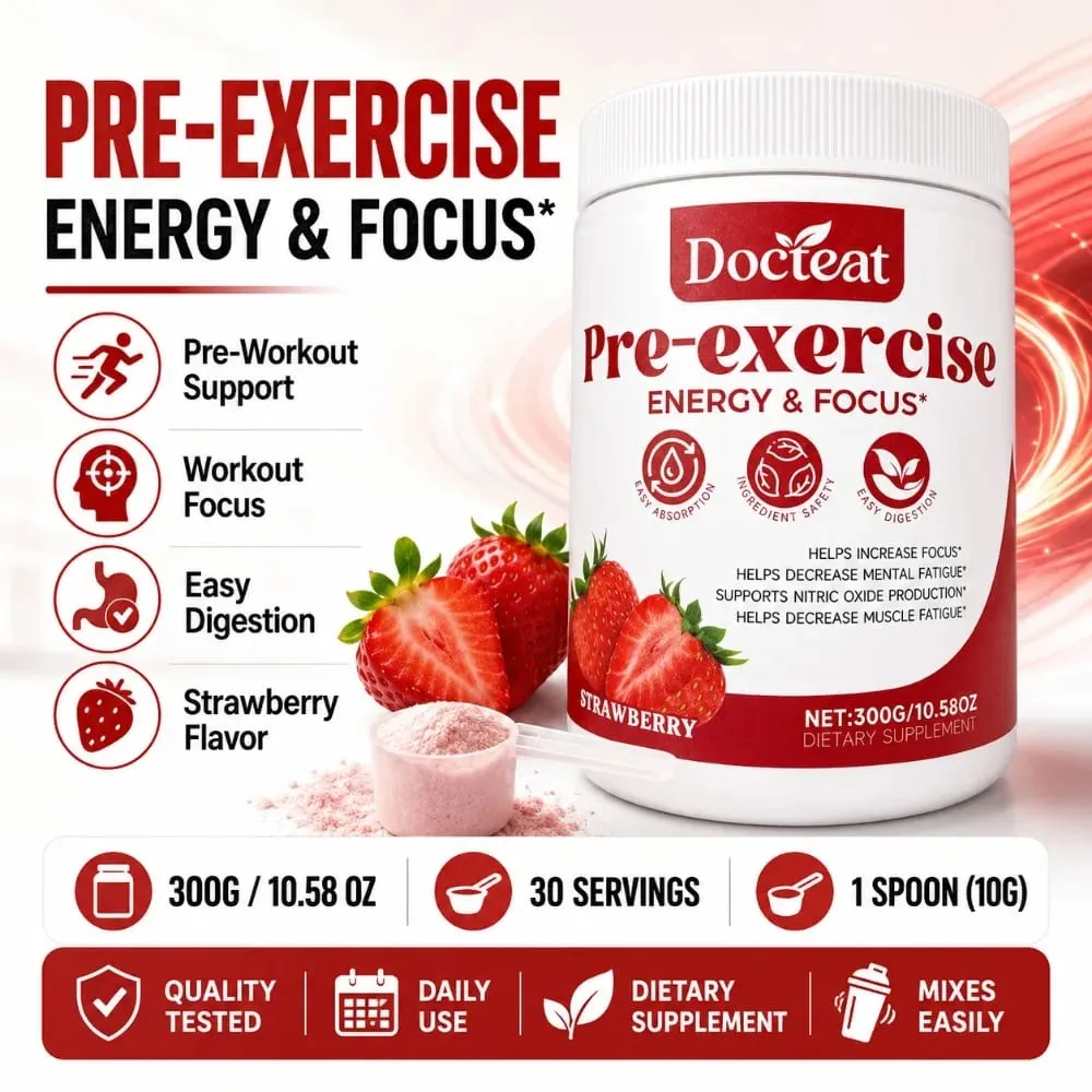 Docteat Pre Workout Powder Strawberry Energy & Focus Support Beta-Alanin L-Citrullin Rhodiola 300 g 30 Portionen Getränkemischung — image 2