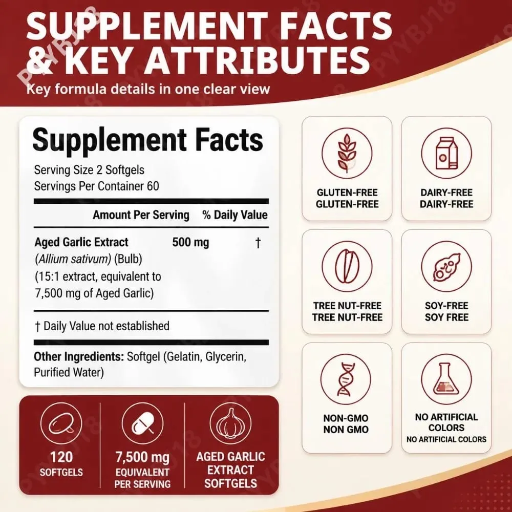 Aged Garlic Extract Softgels 7500mg Equivalent per Serving for Circulation & Heart Function Antioxidant & Immune Support 120Ct