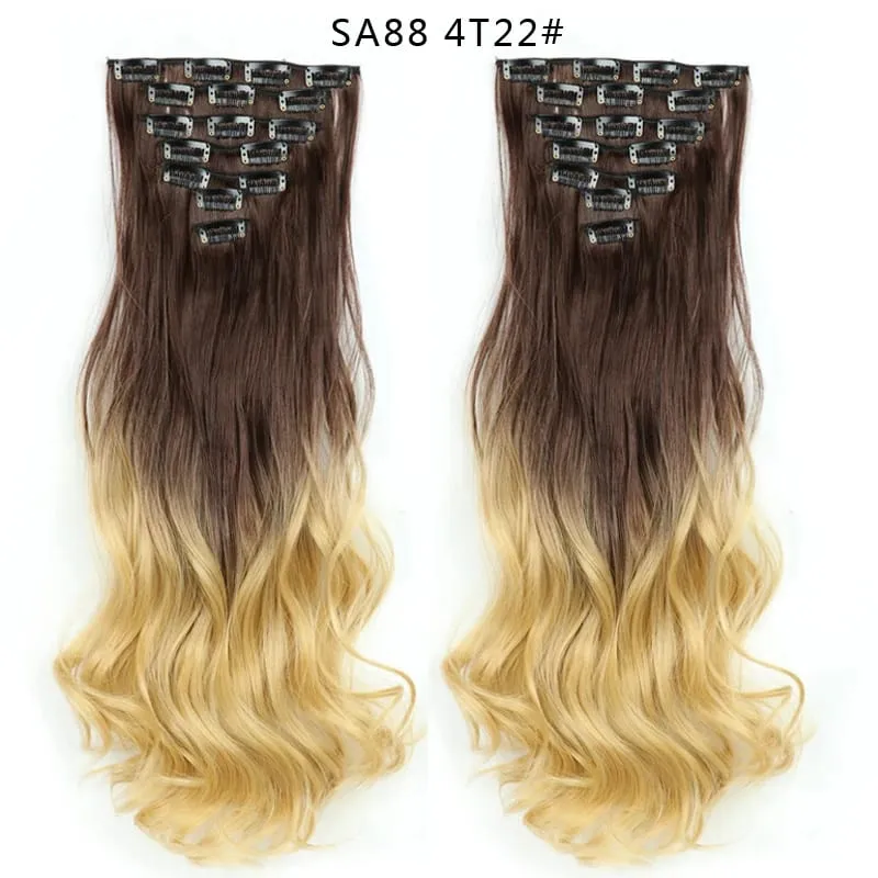 Clip in Long Wavy Synthetic Hair Extension 22 Inch Black 7PCS Thick Hairpieces Fiber Double Weft Hair for Women