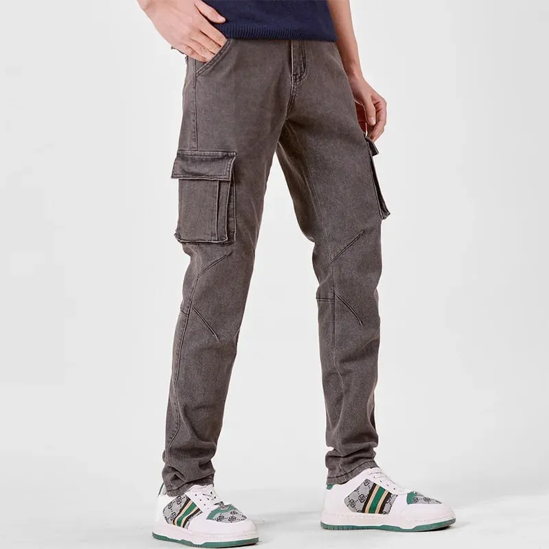 Men's Street Style Elastic Waist Denim Cargo Pants Solid Color Washed Slim Fit Casual Jeans with Multiple Pockets for Daily Wear — image 12
