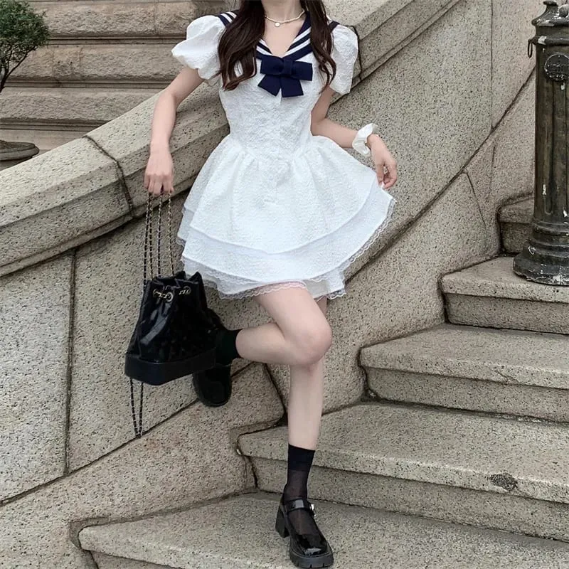 Women's White Sailor Collar Navy Bow Dresses Bubble Sleeve Tiered Ruffle Short Dress Sweet Casual Cute Style Dress — image 1