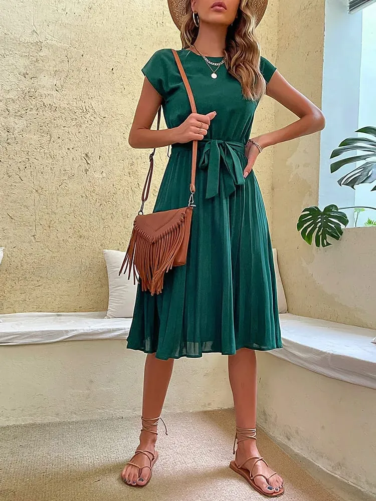 Elegant Women Summer Casual Beach Sundress Short Sleeve Pleated Midi Dress Soild Colour O Neck Tunic Dresses Fashion — image 3