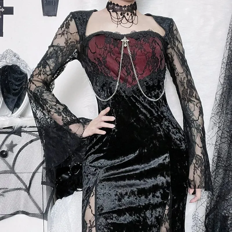 Goth Dark Elegant Mall Gothic Women Evening Dresses Grunge Aesthetic E-girl Velvet Midi Dress Lace Splice Sexy Split Alt Outfits — image 4