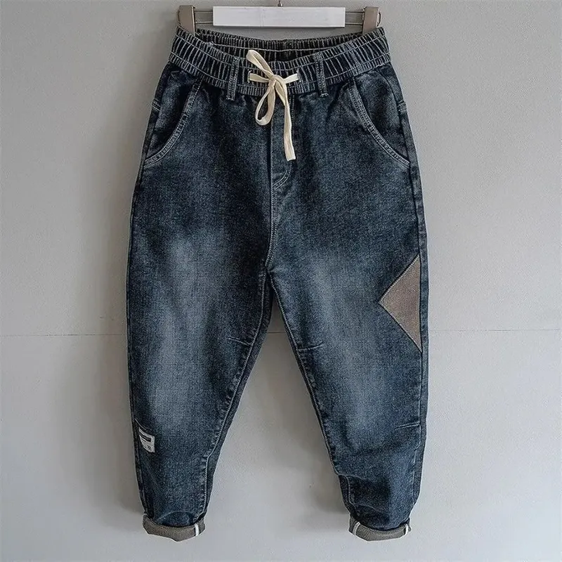 Loose Elastic Waist Denim Jeans Spring Autumn Spliced Harem Pants Men's Casual Pants 2024 Korean New Stretch Baggy Cargo Jeans — image 9