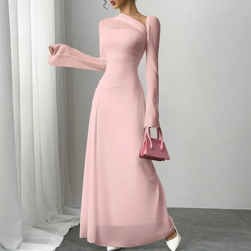 New spring/summer women's pink tulle explosion slim irregular diagonal shoulder ultra long dress