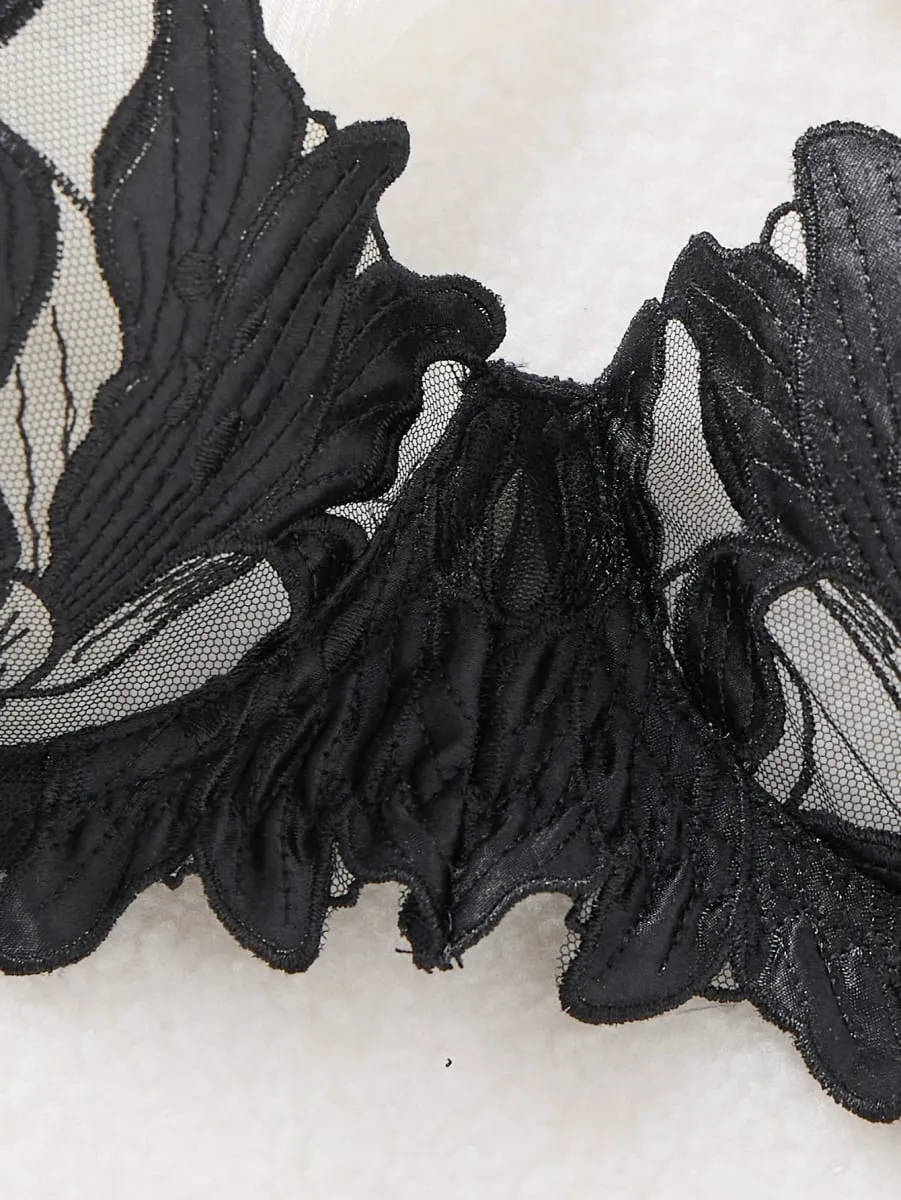 A4 Sort 3D Blomsterbroderi Lingeri Sæt Kvinder Flæse Bøjle BH & Thong Sæt Sheer Mesh Sexet Romantisk Intim Undertøj — image 4