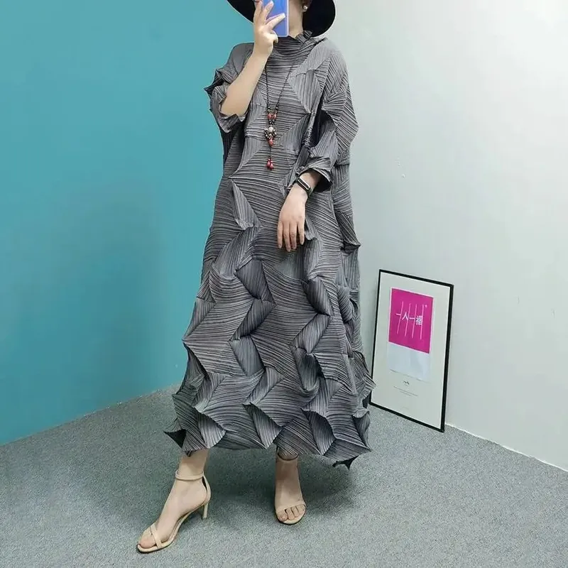 Pleated Maxi Dress For Women Turtleneck Solid Color Loose Style Female Fashion Clothing 2025 Spring Summer New 2DA3596 — image 11