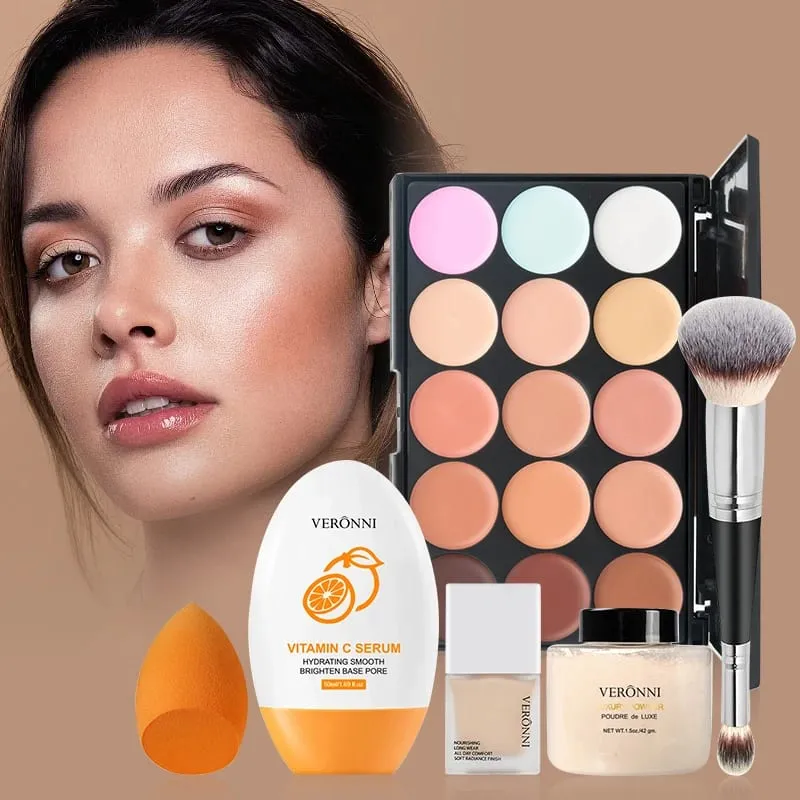 Face Makeup Set Liquid Foundation Loose Powder Primer Waterproof Long-lasting Full Coverage Concealer Women Cosmetics FaceMakeup — image 2