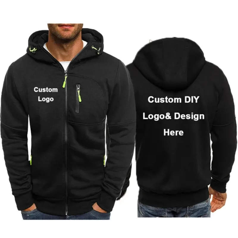 Hættejakke til mænd med lynlås og lommer Tilpasset logo Billedtekst Casual Sport Streetwear Herre Casual Cardigan Fashionabl