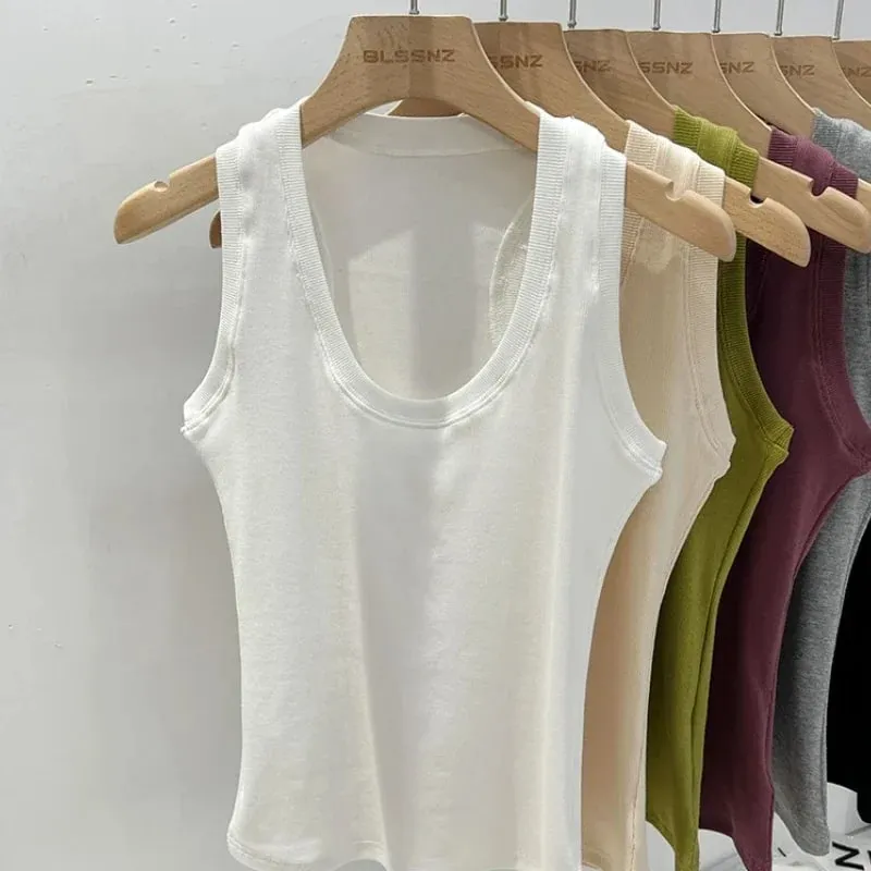 2026 Women Solid Low Round Neck Ribbed Camisole Summer Basic Elastic Tank Top Korean Style Versatile Slim Tanks & Camis — image 5