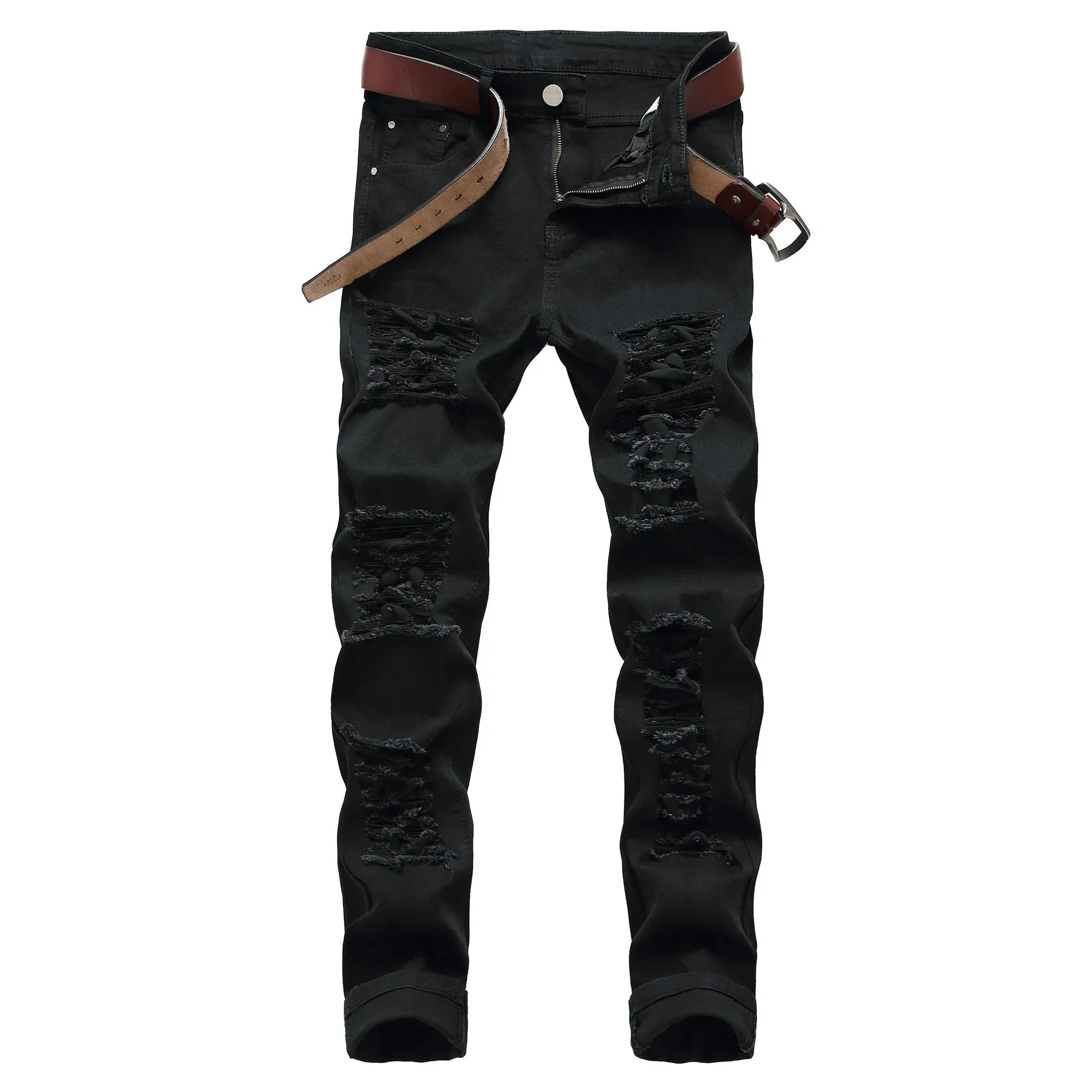2025 Hole Denim Pants Men's Tide Brand Ruined Hole Jeans Solid Slim All-match High Street Hip Hop Trousers Red White Large Size — image 9