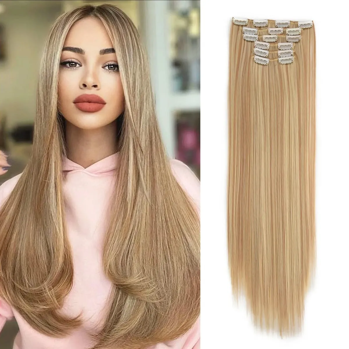 Synthetic Clip In Hair Extensions 6PCS Hair Extensions 24 Inch Long Straight 16 Clip On Hairpieces For Women Girls
