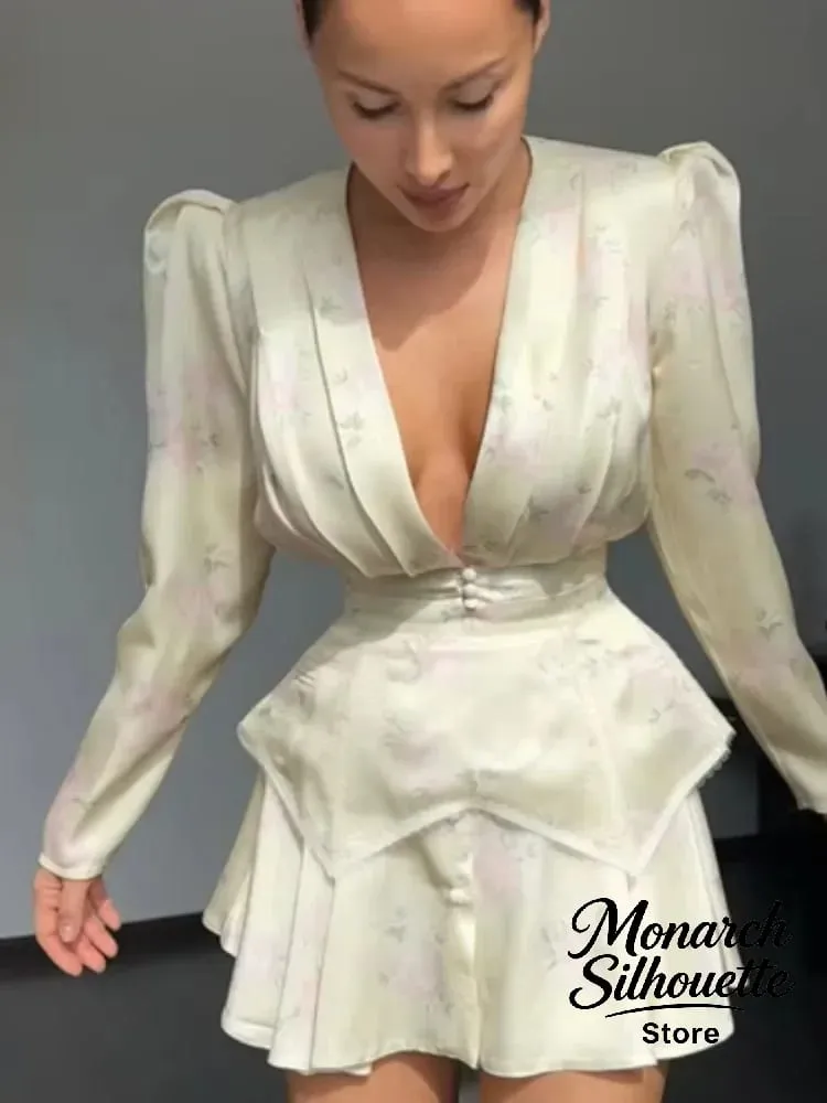 Elegantní minišaty s květinovým potiskem, dámské, elegantní, výstřih do V, plné rukávy, jednořadové, úzké, krátké šaty do áčka 2026 Dámské společenské róby — image 7