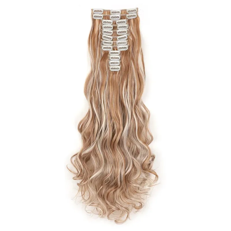 12pcs Highlight Balayage Dark Brown Hairpieces Clip in Hair Extensions 24inch Light Brown&Honey Blonde Synthetic Wavy Hair — image 9