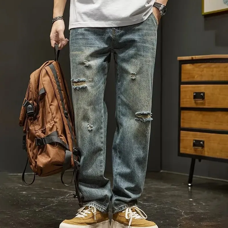 Korean Version Ripped Jeans Men'S Autumn New Retro Casual Pants High Street Loose Straight Leg Pants — image 8