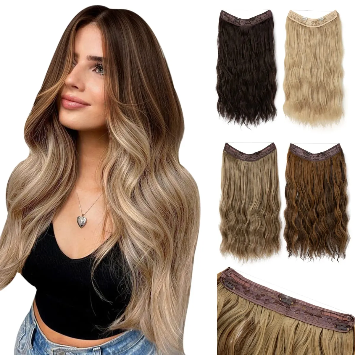 Synthetic Wave Invisible Wire Clip in Hair Extensions Fish Line With Clips Hairpiece Ombre Fake Hair Piece For Woman — image 2
