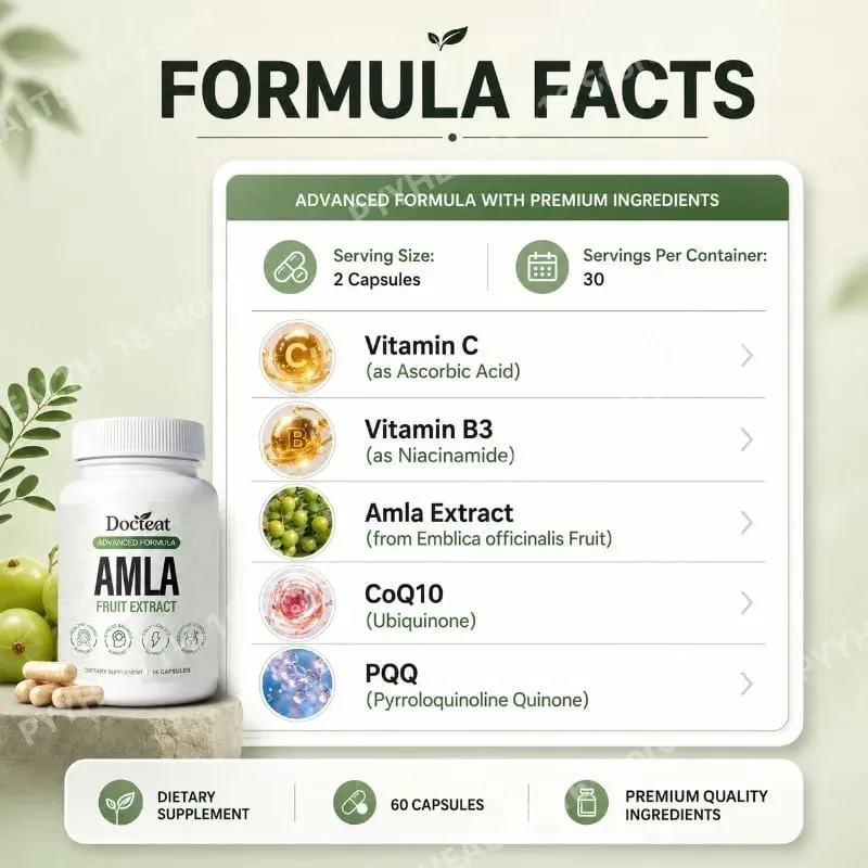 Капсулы с экстрактом фруктов Docteat Amla, поддержка иммунной функции, поддержка здоровья кожи с витамином C, B3, CoQ10, PQQ, 60 капсул