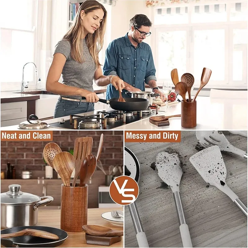 10 Pack Natural Teak Wooden Kitchen Utensil Set Wooden Spoons Spatula Cooking Utensil Set For Cooking Baking JT503