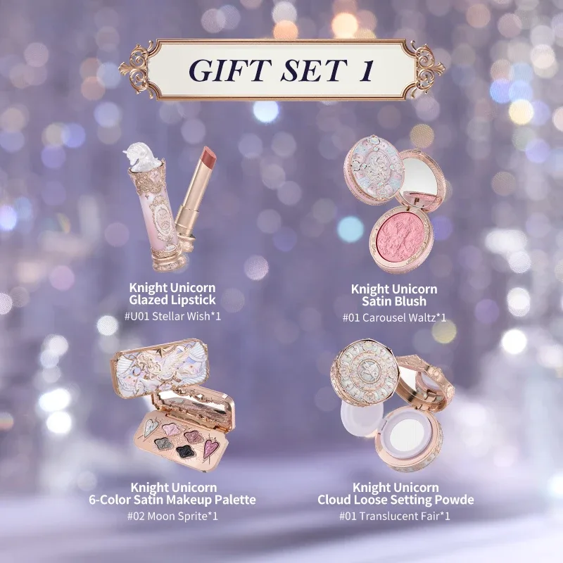 [NEW]Flower Knows Knight Unicorn Collection Gift Set includes makeup palette+lipstick+blush+loose setting powder