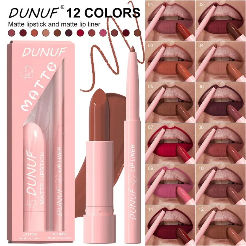 2Pcs/Set Lipstick+Lip Liner Makeup Kit Matte Nude Long-lasting Waterproof Non Staining Tapered Nib Lip Contour Pen Lip Cosmetics