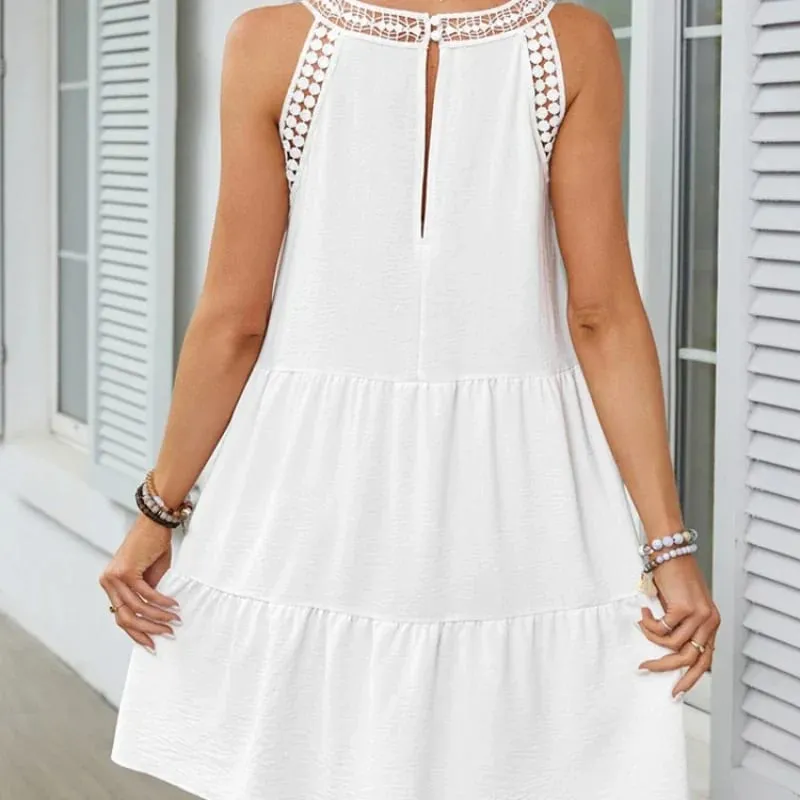 Women Summer Beach Mini Dresses Halter Sleeveless Sexy Loose A-Line Hollow Out Lace White Bohemia Dress Pleated Solid Sundress — image 2