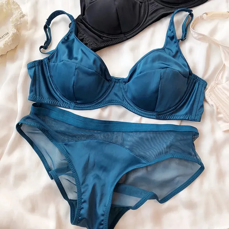 Ensemble de soutien-gorge Push Up en soie glacée pour femmes, sous-vêtement confortable, Sexy, petite poitrine, rembourrage détachable, bonnet fin, brassière, culotte intime — image 6