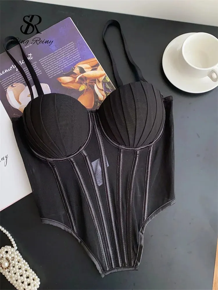 Fashion Solid Corset Lingerie Top Ladies Strap Sheer Mesh Slim Camisole American Retro Backless Beach Sexy Tank Top — image 5