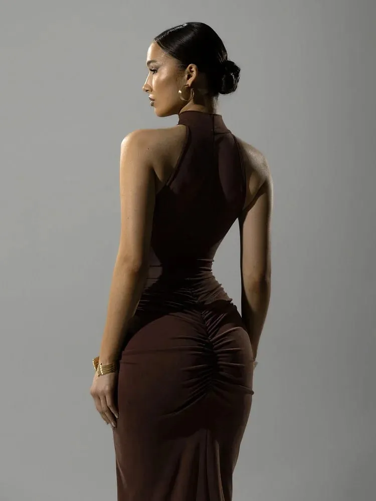Sleeveless Halter Ruched Maxi Dress For Women Sexy Slit Solid Bodycon Dress High Street Female Evening Party Long Dress — image 6