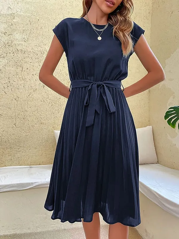 Elegant Women Summer Casual Beach Sundress Short Sleeve Pleated Midi Dress Soild Colour O Neck Tunic Dresses Fashion — image 9