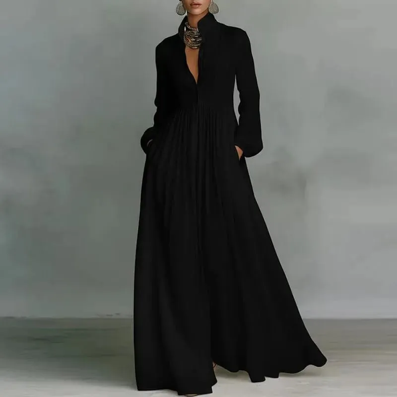 Robe longue française élégante, taille haute, balançoire, poches solides, plissée, Maxi, manches longues, boutons, robe de soirée, printemps, automne — image 3