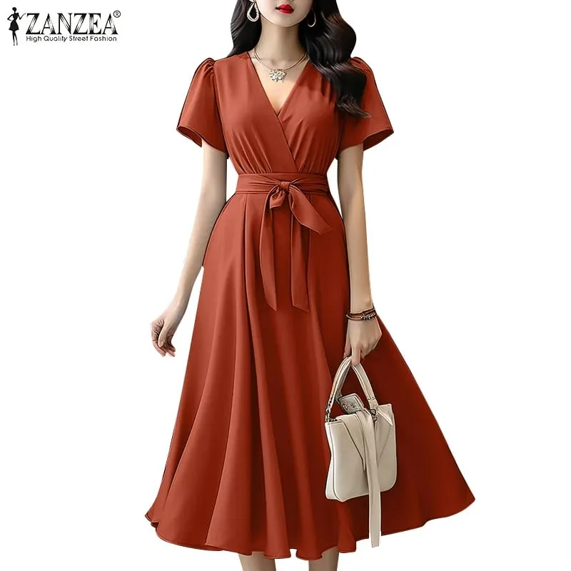 2024 Elegant Short Sleeve A-line Dresses Women Fashion Solid Color Holiday Belted Vestidos Casual V Neck Midi Sundress — image 9
