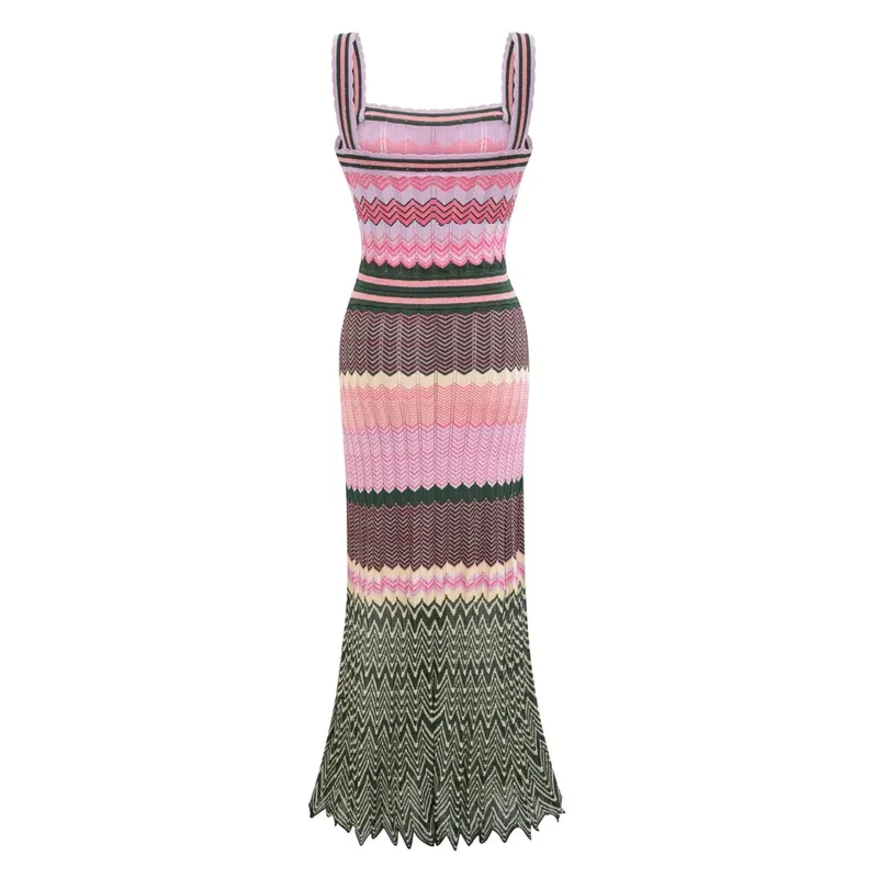 Luxury Brand Design Knitted Zigzag High Elasticity Color Sleeveless Long Maxi Dress Women Arab Africa Popular Boho Lady Skirt