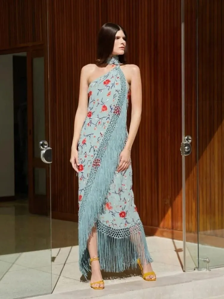 Print Tassels One-piece Long Dress Women Elegant Scarf Collar Sleeveless Backless Slim Party Dresses New Fashion Ladies Vestidos — image 5