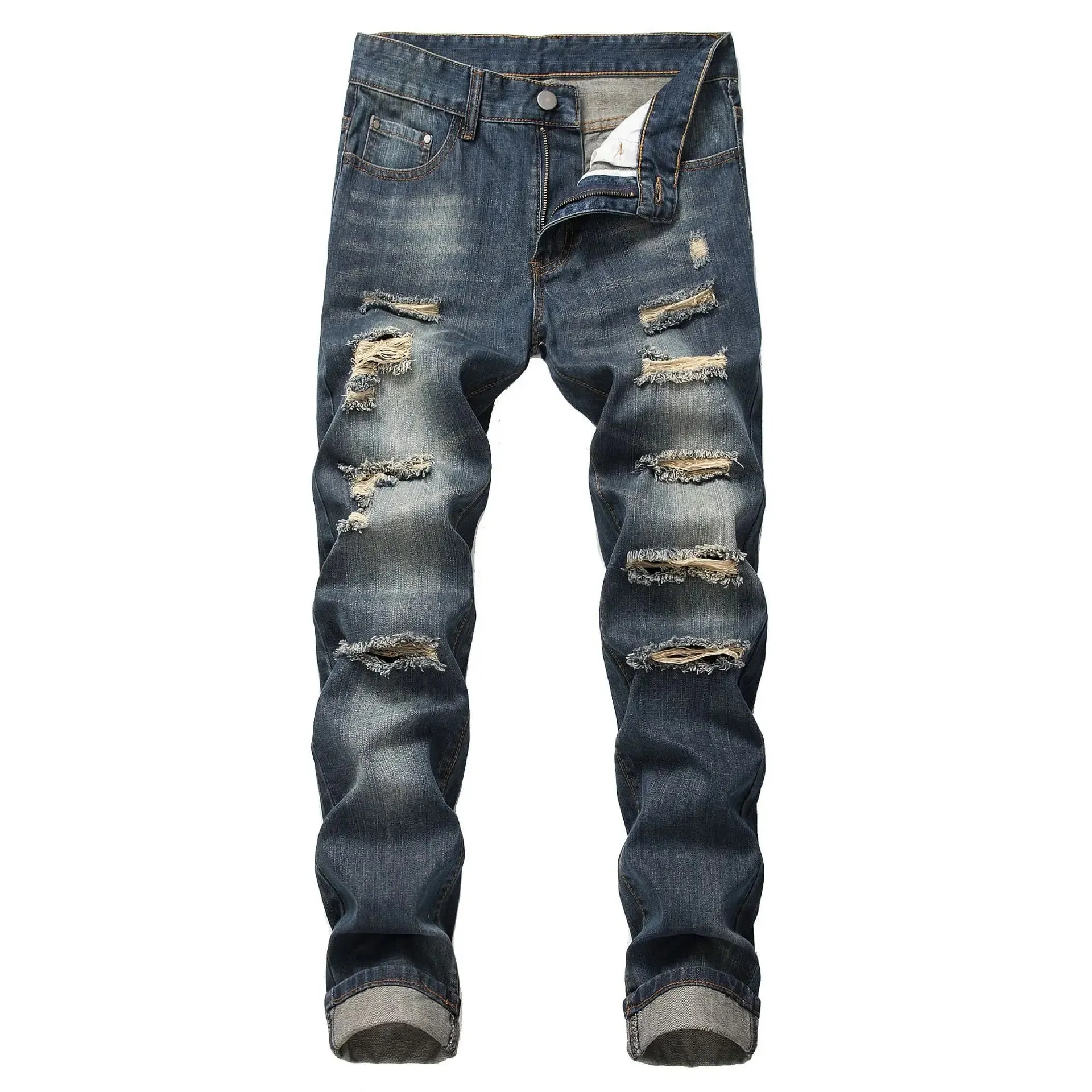 Mens Ripped Jeans Straight Slim Elasticless Tattered Trousers Autumn Streetwear Fashion Male Large Size Denim Pants