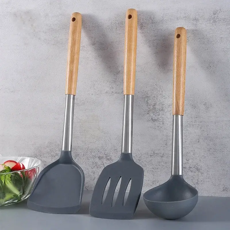 Silicone kitchen utensils silicone spatula wooden handle silicone spatula silicone soup spoon leak spatula non-stick pan — image 1
