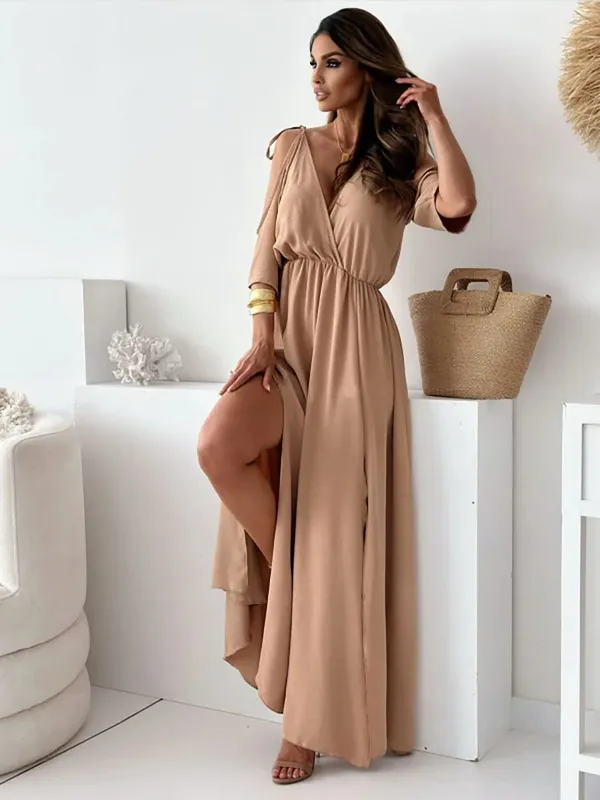 ฤดูร้อน V คอกระโปรง Slit Dress Off-ไหล่เซ็กซี่สปาเก็ตตี้ชุดเดรสแฟชั่น Elegant หลวม Beach Dresses Robe femme