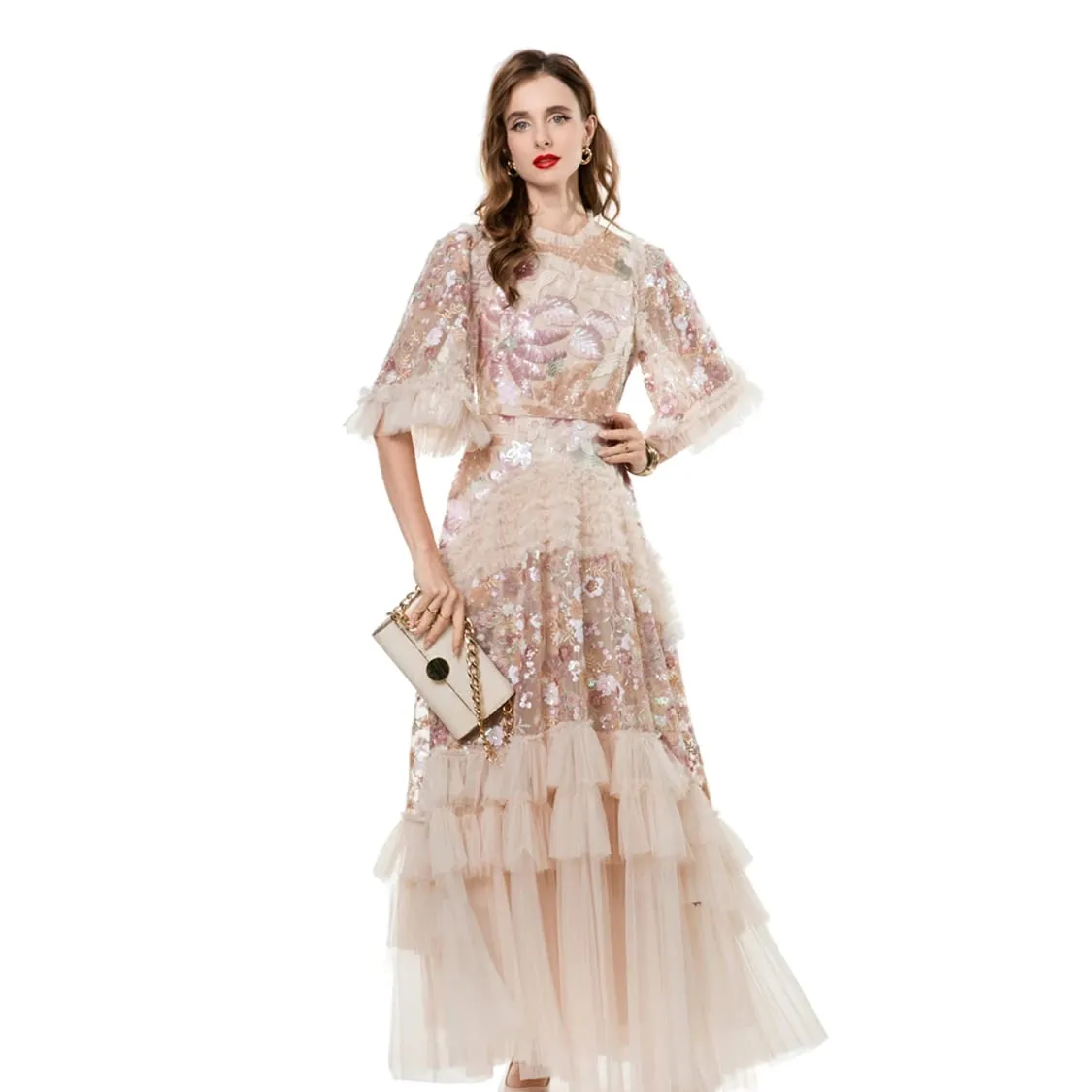 Women's Dress O Neck Short Sleeves Sequined Floral Patchwork Ruffles Elegant Designer Party Prom Gown Maxi Vestidos S- 4XL