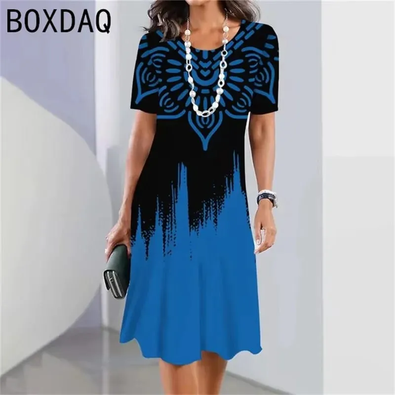 Big Size Women Dress 3D Colorful Gradient Print A-Line Dress Summer O-Neck Short Sleeve Casual Dress Elegant Loose Mini Dresses