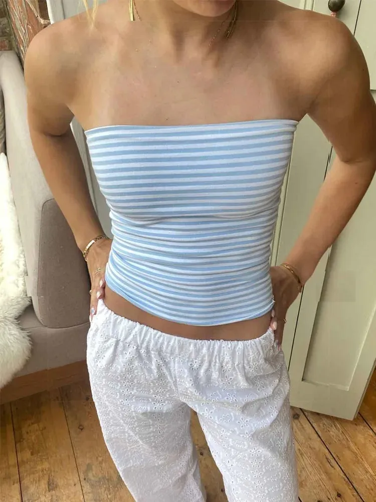Women Cropped Tube Tops Strapless Off Shoulder Backless Short Tank Summer Party Club Striped/Solid Mini Vest 2024 New — image 4