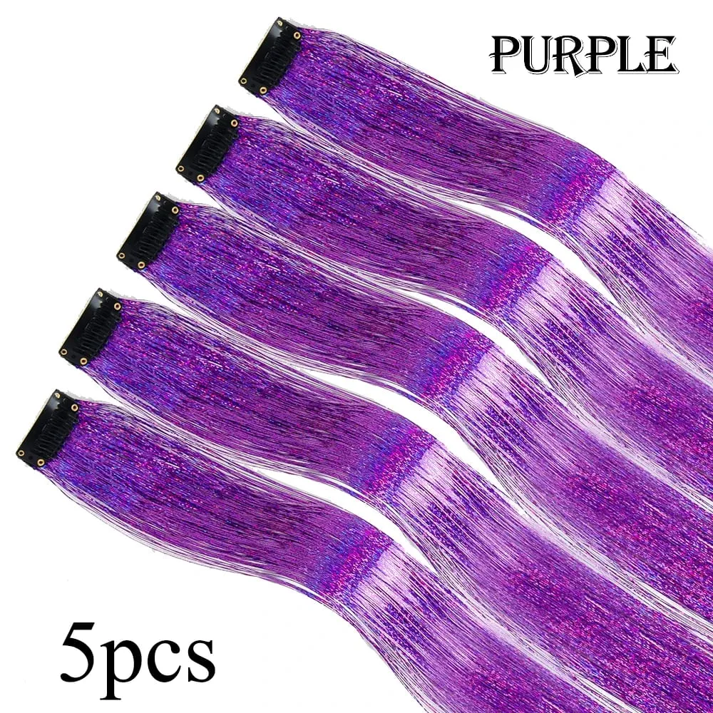 Wholesale 5Pcs/Pack Sparkling Shiny Hair Extensions Clip In Sparkle Shiny Hair Tinsel Rainbow Shiny Sparkle Hair Tinsel Pink/Red